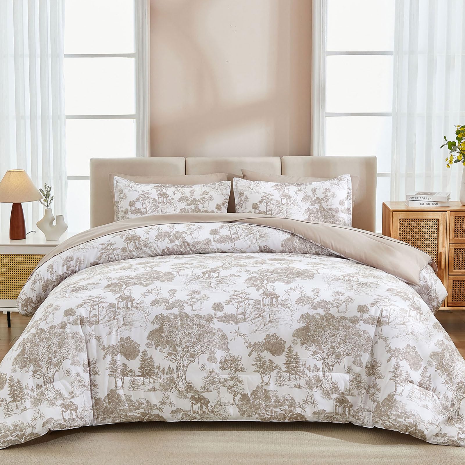 DJY Khaki Comforter Set King, 7 Pieces Bed in a Bag King Size Botanical Comforters with Sheets Elegant Plants Print Soft Microfiber Reversible Complete Bedding Sets for All Season