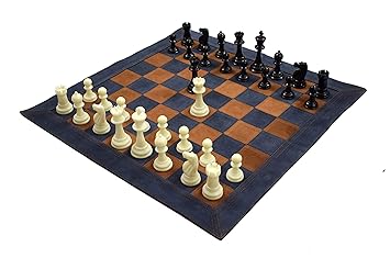 Wigano 19X19 Vintage Roll-Up Pure Leather Tournament Chess Set with Two Extra Queens and Pouch, Blue