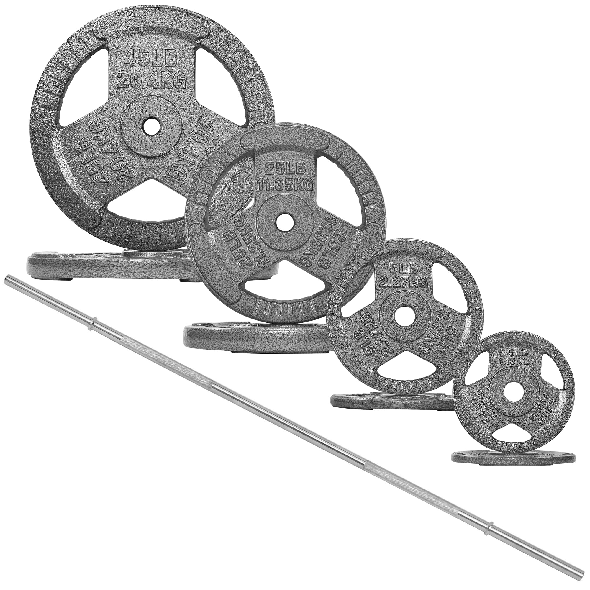 Fitvids 1 Inch Standard Barbell Weight Plates and Bar Set, 6 FT Barbell Bar and 160 LB Barbell Weight Set for Home Gym Strength Training, Triple-handle Design Image