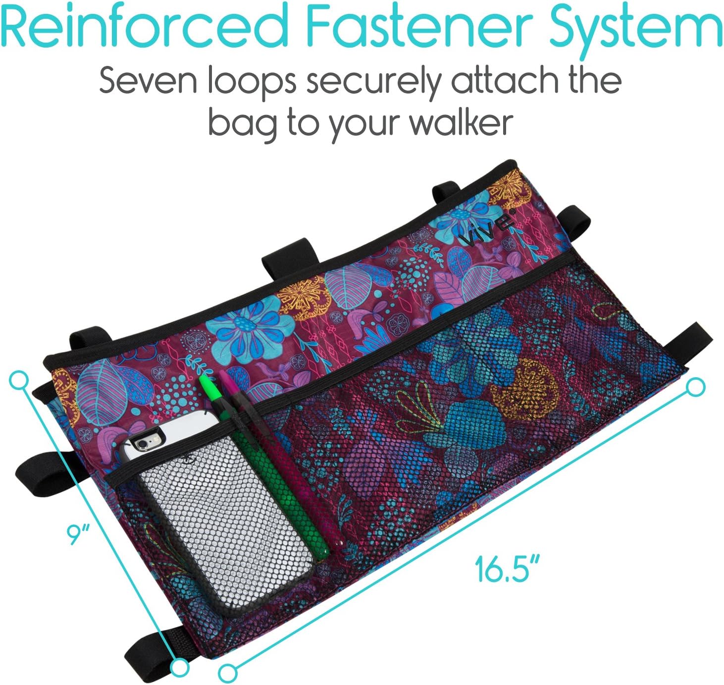 Vive Walker Bag - Water Resistant Accessory Basket Provides Hands Free Storage for Folding Walkers - Attachment Fits Wide and Narrow Styles - Tote Caddy Pouch for Elderly, Seniors, Handicap, Disabled: Health & Personal Care
