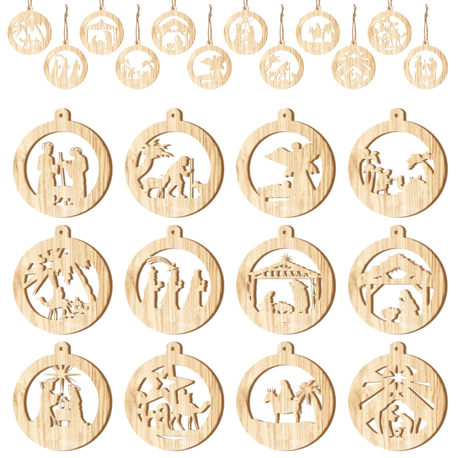 Photo 1 of 36 Pcs Nativity Christmas Tree Ornaments Set Wooden Nativity Scene Ornament Religious Gift The Birth of Jesus Hanging Decor for Christian Family Christmas Decoration (Round)