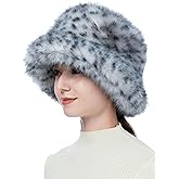 Women's Winter Faux Fur Bucket Hat Fluffy Warm Ladie's Plush Leopard Printed Fisherman Cap