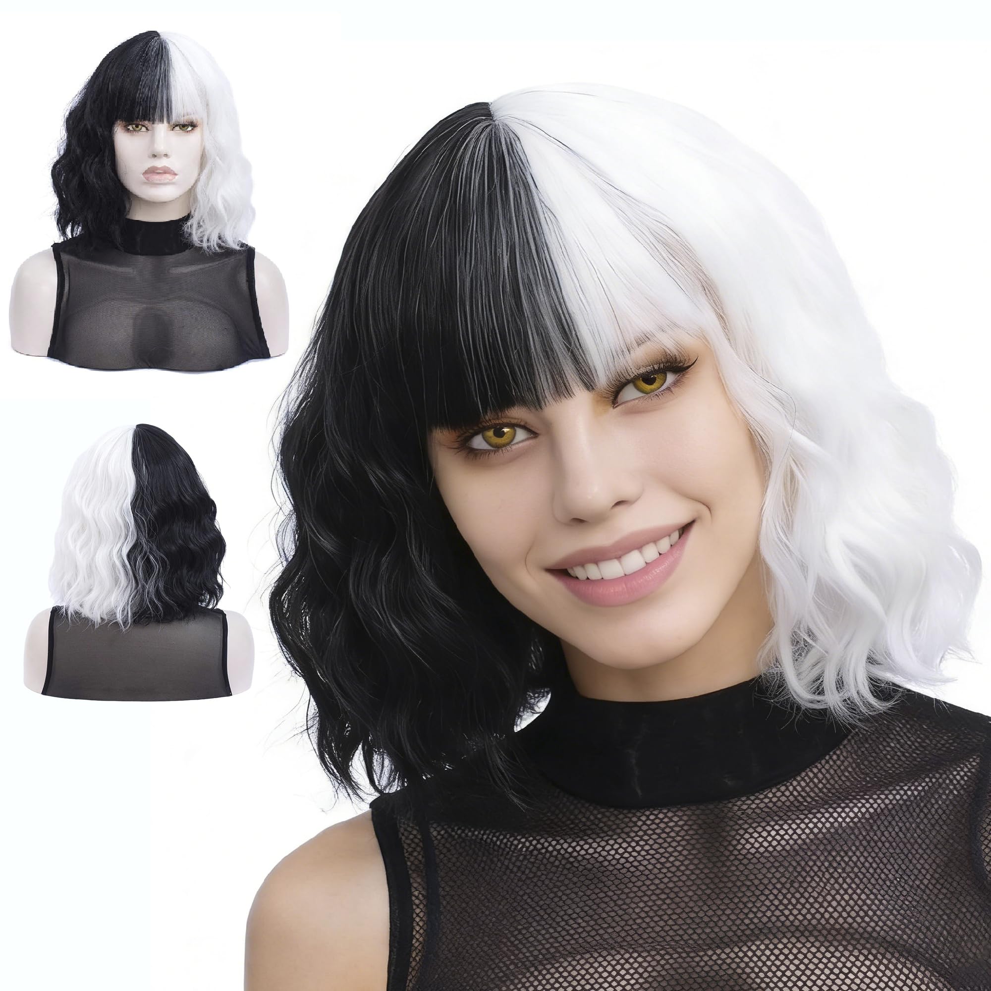 Morticia Short Curly Women Bob Wig Full Bang Wavy Texure Heat Resistant Synthetic Short Women Wig (White and Black)