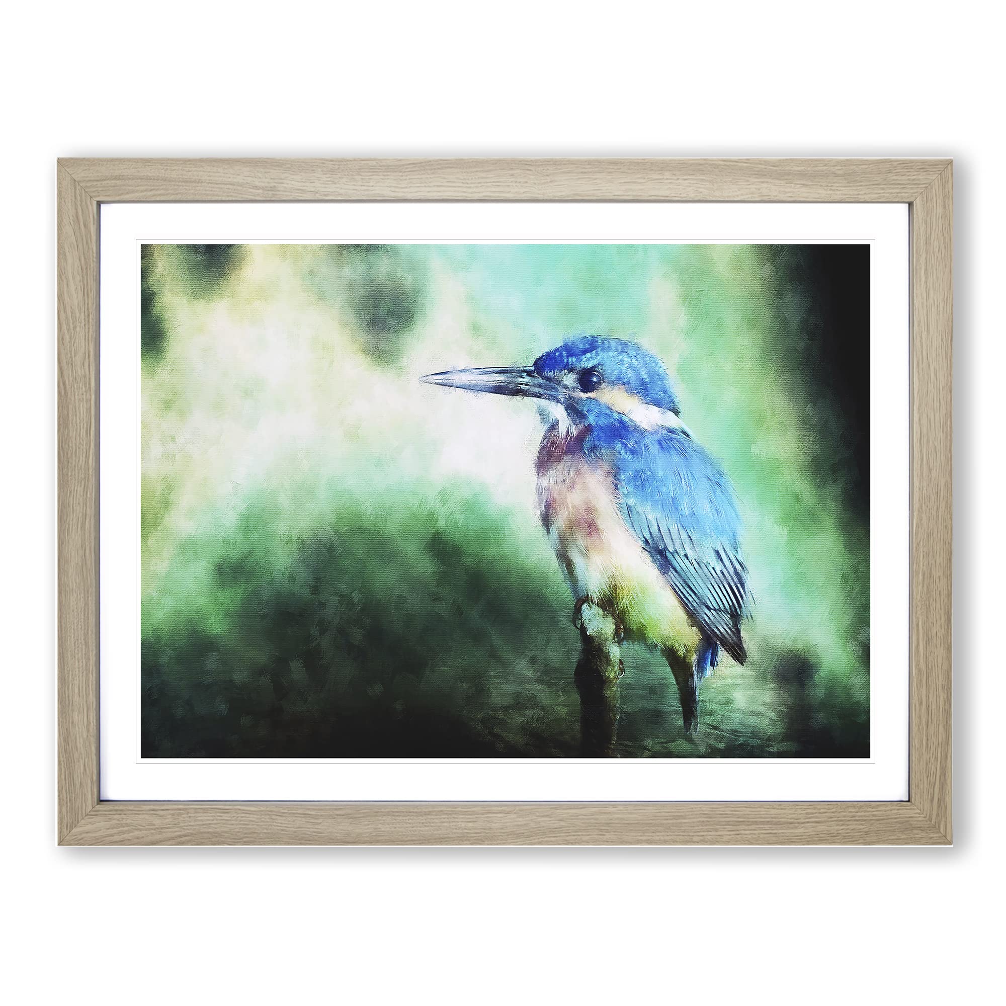 The Kingfisher Bird Looking West Painting Modern Art Framed Wall Art Print, Ready to Hang Picture for Living Room Bedroom Home Office Décor, Oak A4 (34 x 25 cm)