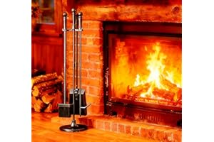 Fire Beauty Fireplace Tools Set 4 Pieces Black Wrought Iron Fire Tool Set for Outdoor/Indoor Include Poker, Shovel, Brush and Stand Accessories Set