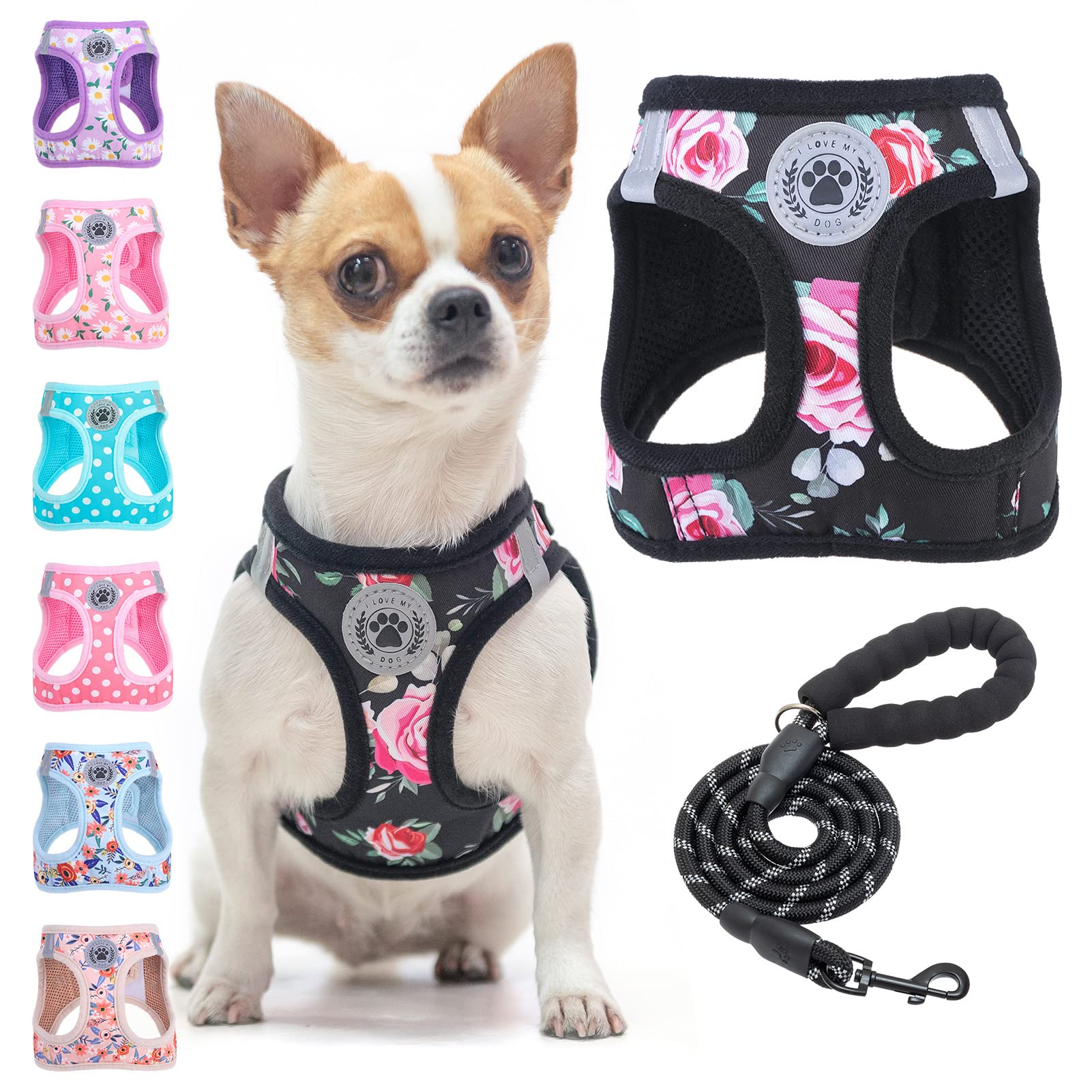 BEAUTYZOO Step in Dog Harness and Leash Set, Floral Pattern Reflective Dog Harness No Pull No Choke Puppy Harness XXS XS S Dogs Cats, Soft Padded Mesh Vest Harnesses Girl and Boy Pets, Black Rose