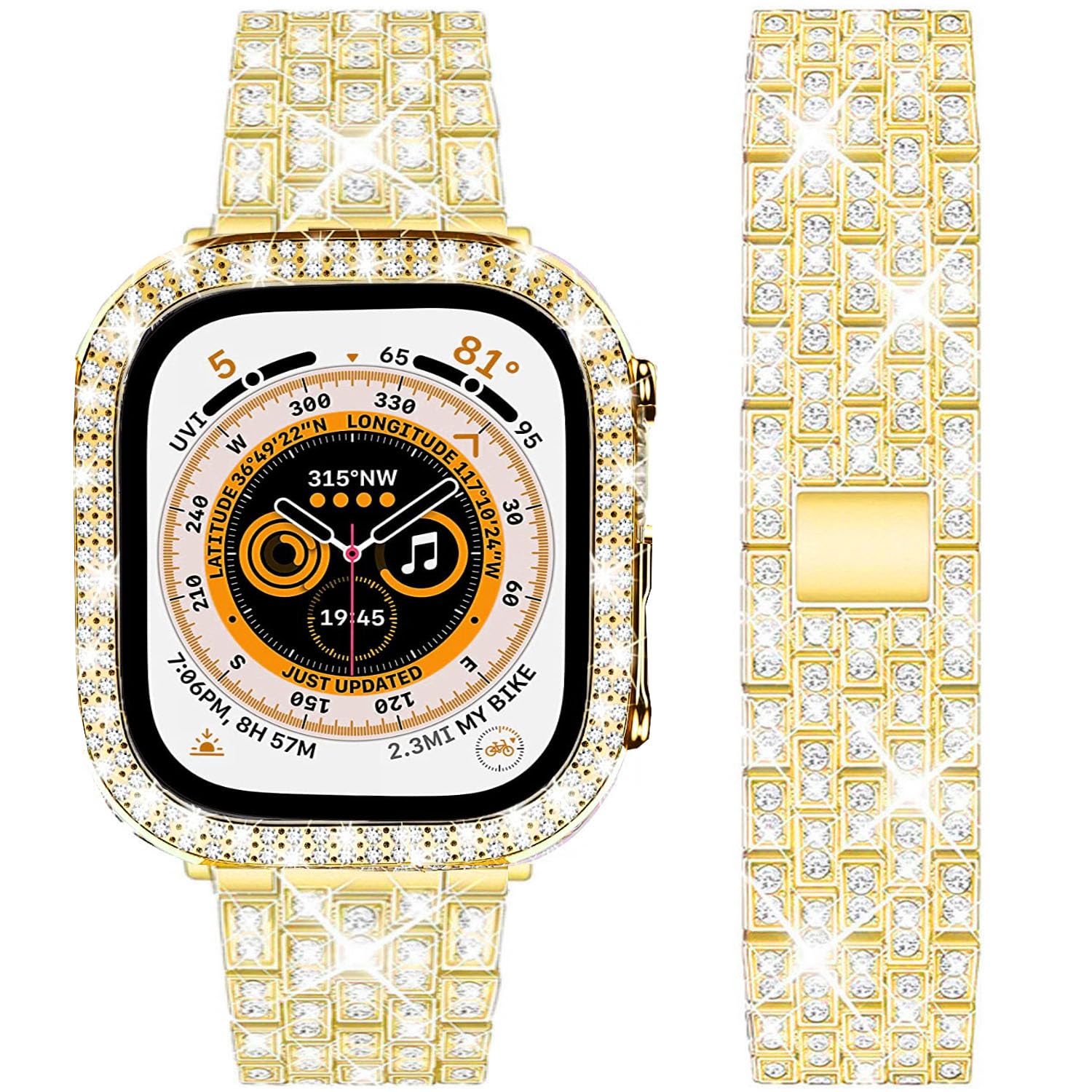 DEALELE Starp and Case Compatible with Apple Watch Ultra 2 / Ultra 49mm, Bling Rhinestone Diamond Metal Bracelet with Protective Case Cover Replacement for iWatch Series 10/9 / 8 Ultra (Gold)