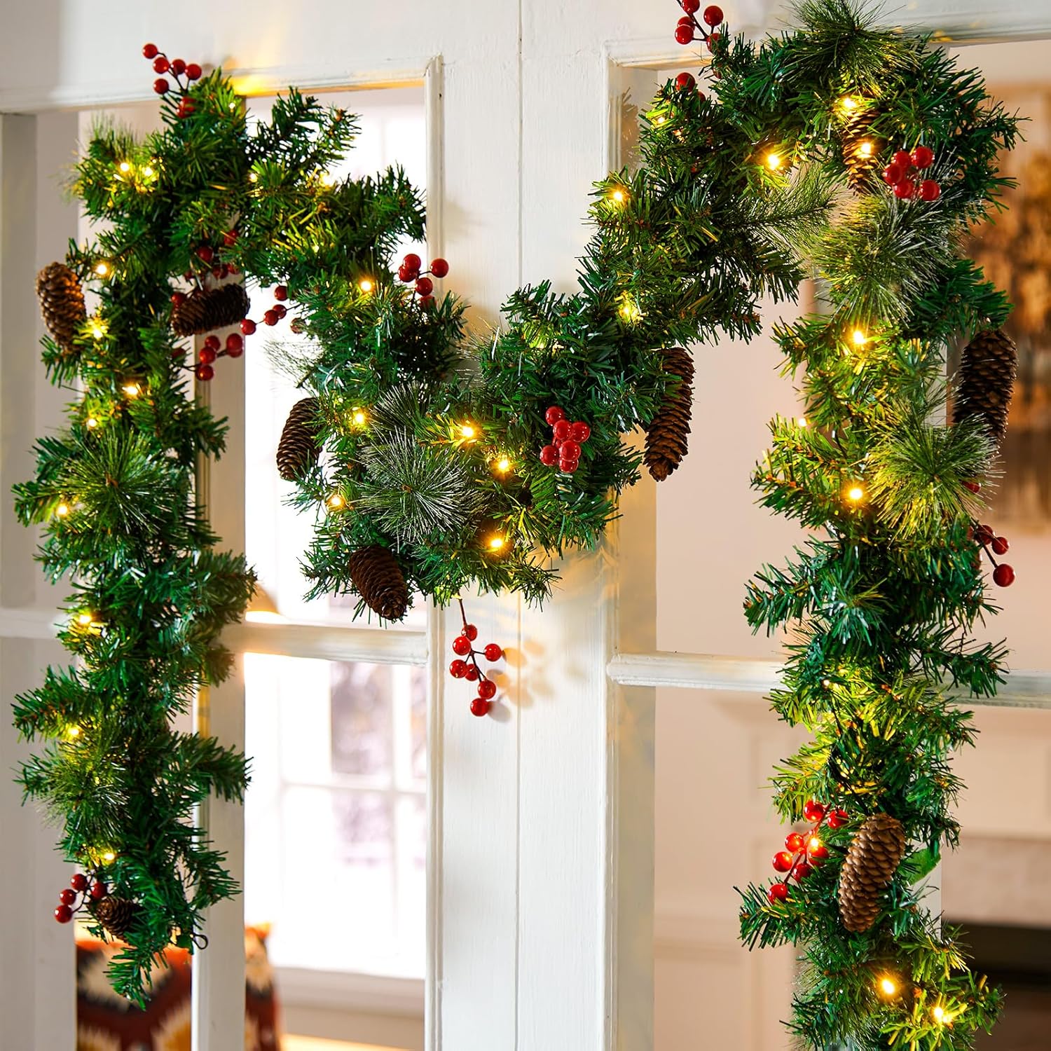 Wreaths, Garlands & Swags - 9FT Christmas Garland Decoration with 50 Warm Led Lights,Pre-Lit Lighted Christmas Garland Decorated with Pine Cones for Xmas Stairs Fireplaces