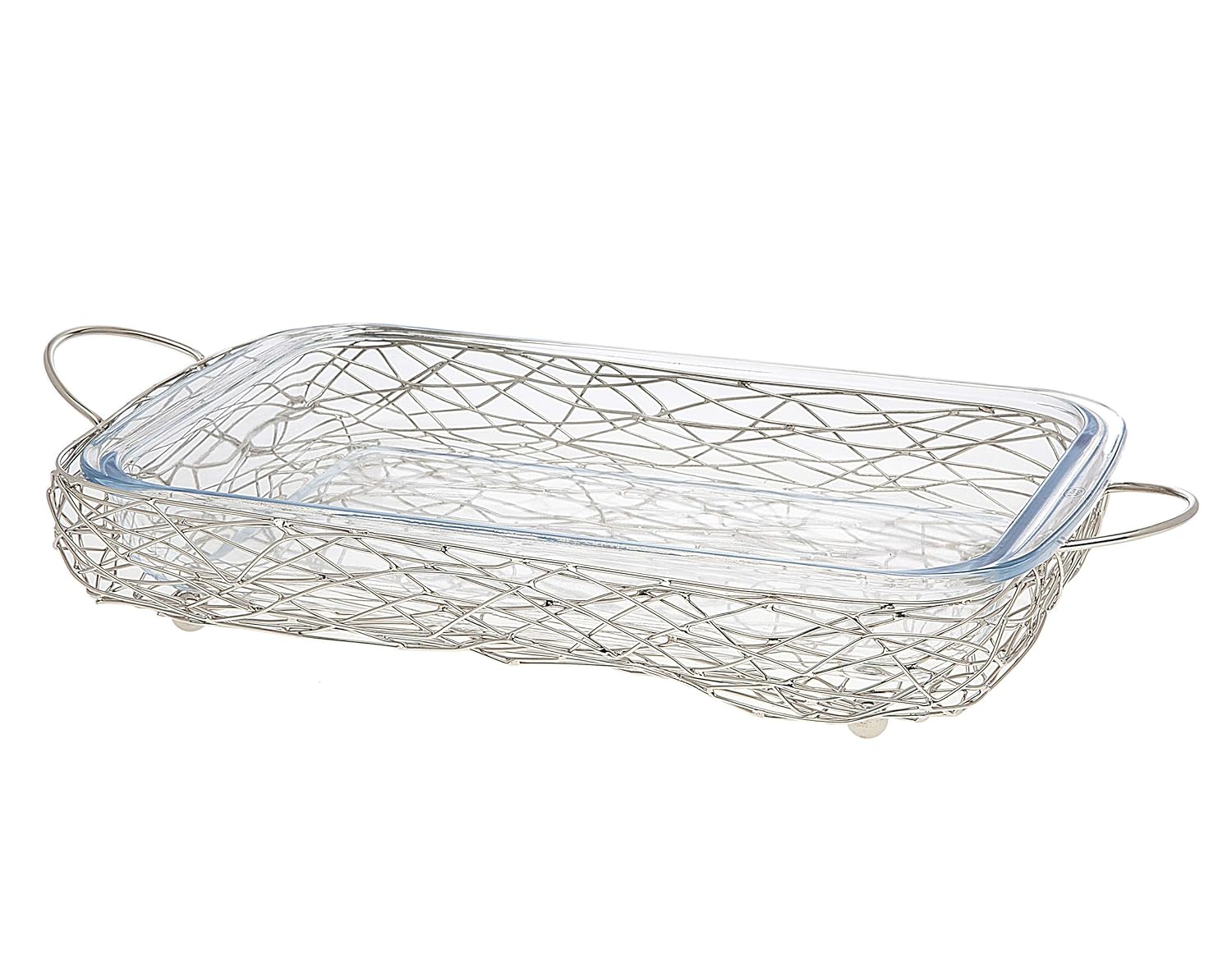 Oven to Table Glass Rectangular Baker, Warmer, Serving Piece with Nest Silver Base