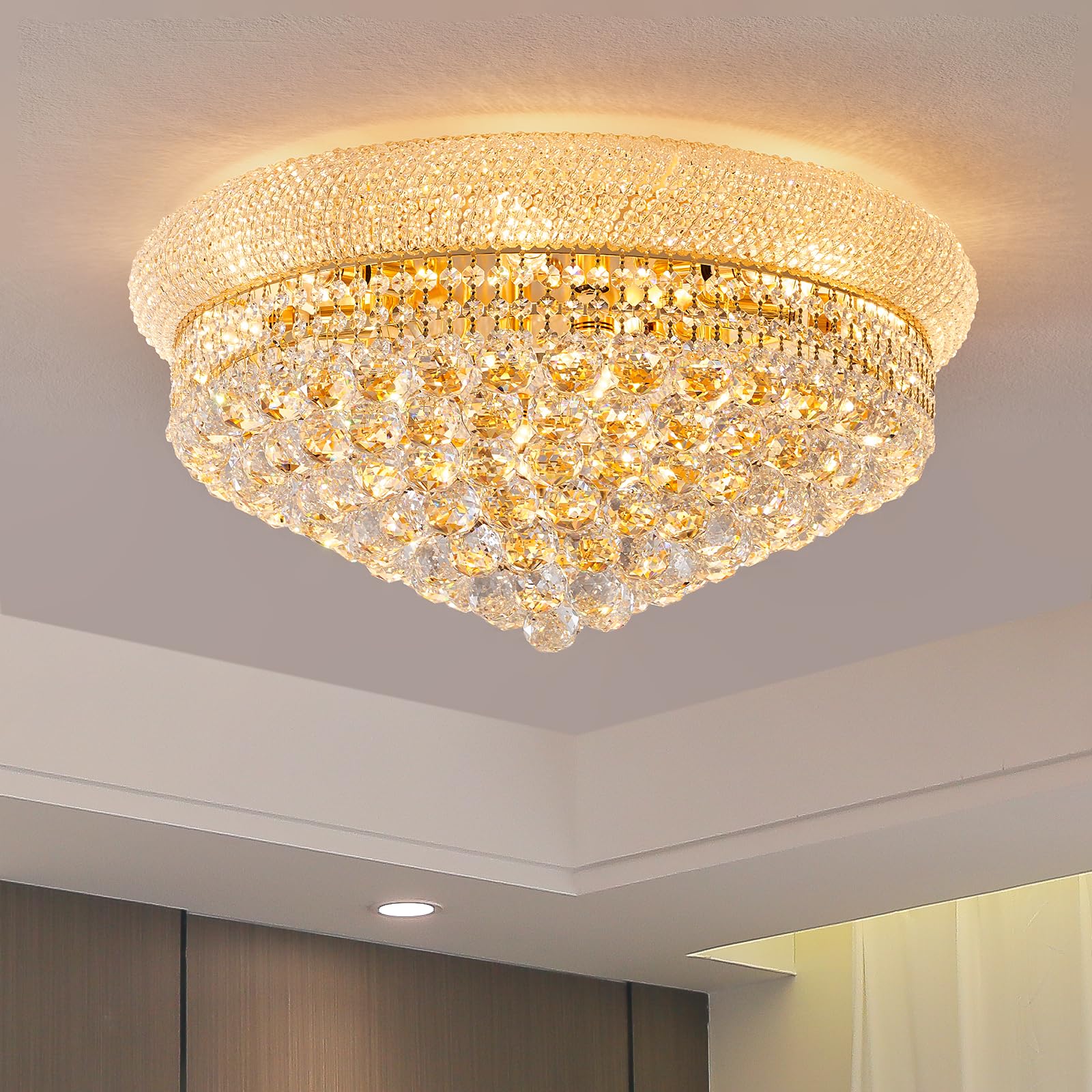 Photo 1 of chandiry 12-Light Crystal Flush Mount Chandelier Ceiling Light Fixture for Living Room Dining Room Bedroom Foyer Entryway Hallway Closet Bathroom (Gold D24)
