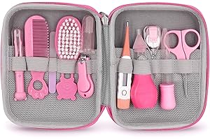 SUHCTUPTX Baby Grooming Kit, Portable Baby Safety Care Set with Hair Brush Comb Nail Clipper Nasal Aspirator etc for Nursery Newborn Toddlers Infant Girl Boys Keep Clean (Pink)