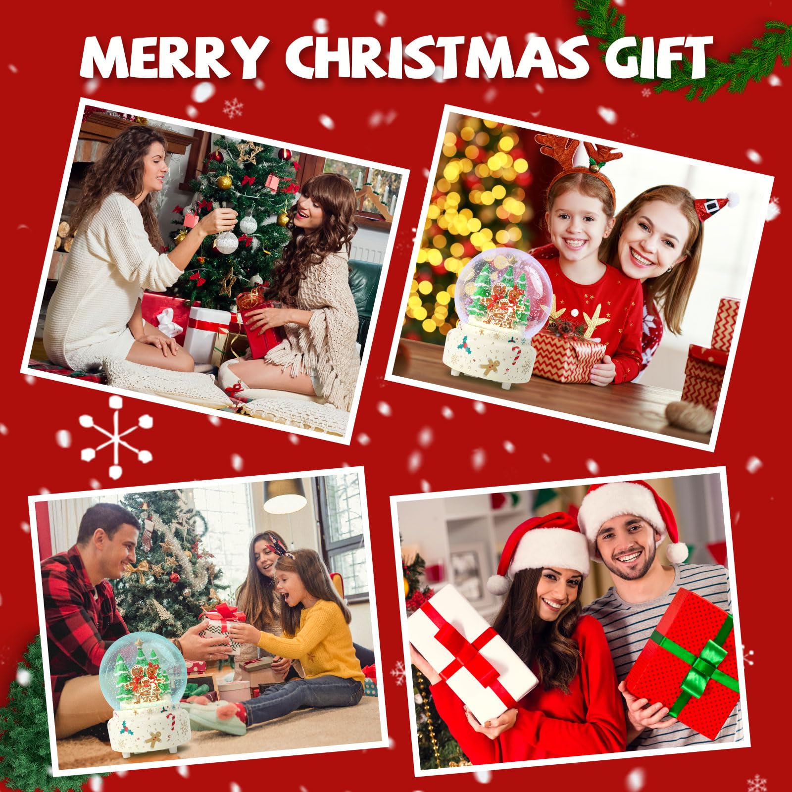 GIYBIGM 6.5Inch Height Christmas Snow Globe with Gingerbread Man House on Ceramic Base LED Light Musical Snowflakes Holiday Decoration, Holiday Home Decor, Large Water Globe.