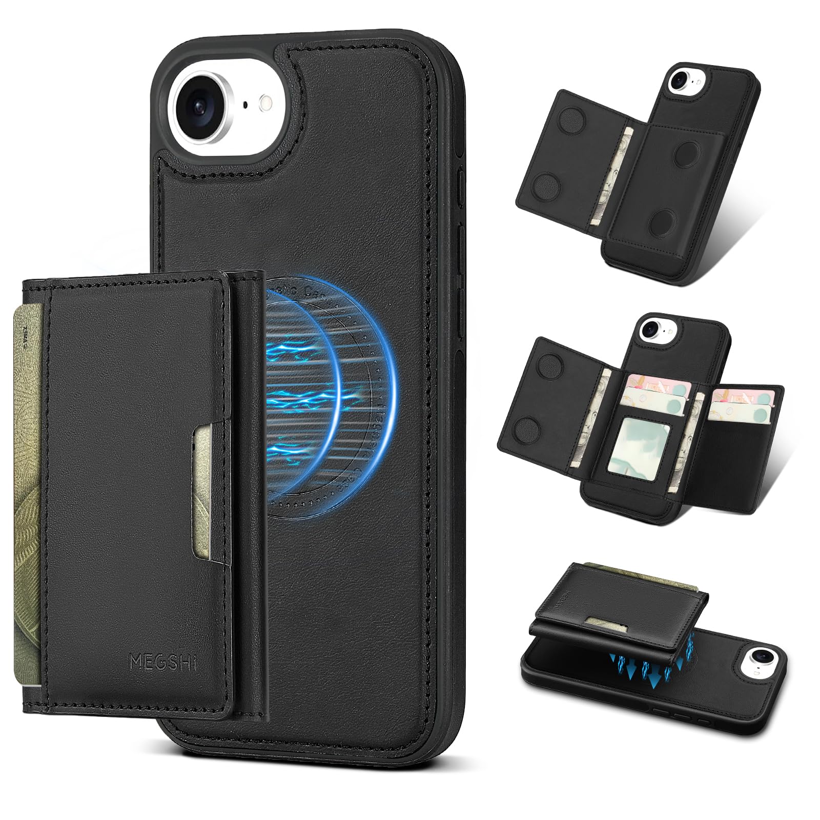 Godzoen for iPhone 16e / iPhone 17e Wallet Case, 2-in-1 Detachable Phone Case, Card Holder RFID Blocking, Fashionable Faux Leather Card Slot & Folding Design (Black 6.1'')