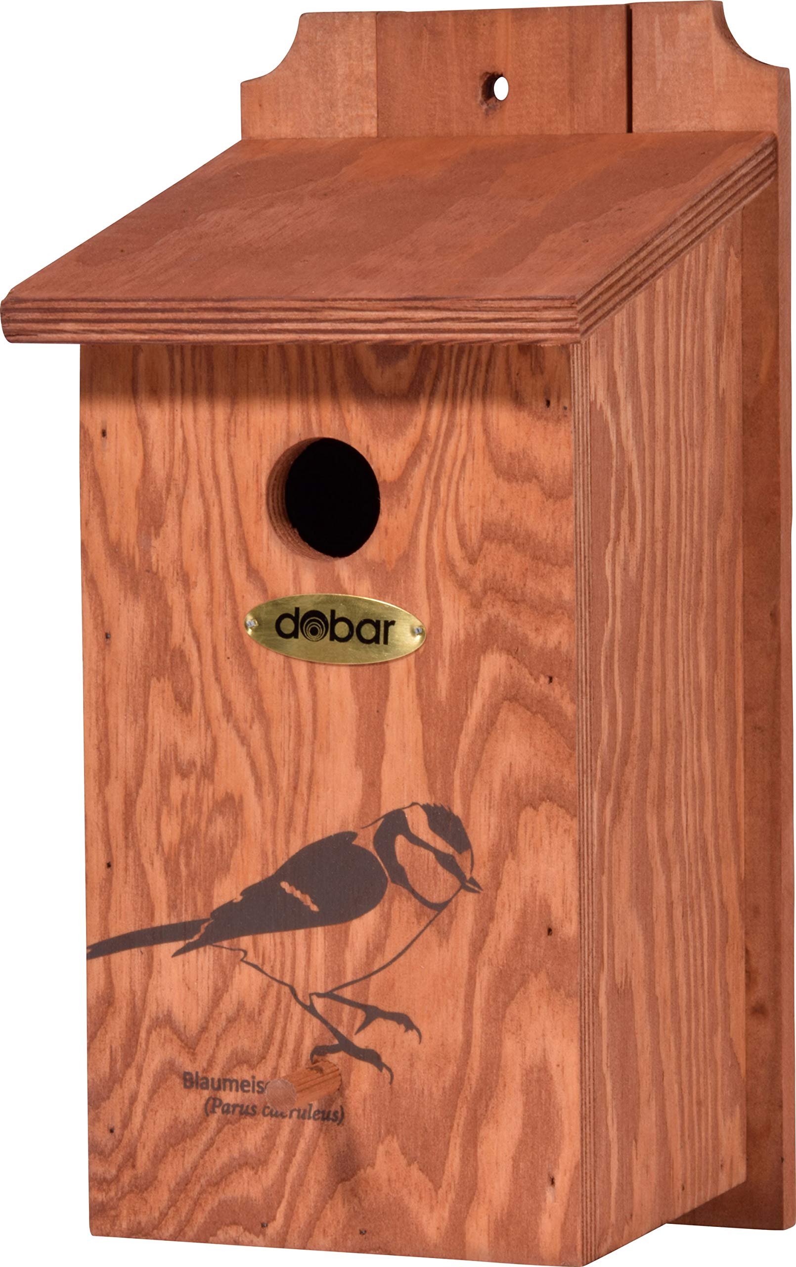 dobar® green label 22363FSCe Nesting Box Blue Tit - Wooden Tit Box - Nesting Aid for Wild Birds - Weatherproof - Nesting Area with Screen Print Blue Tit Motif - Diameter 28 mm - 16 x 16 x 32 cm -