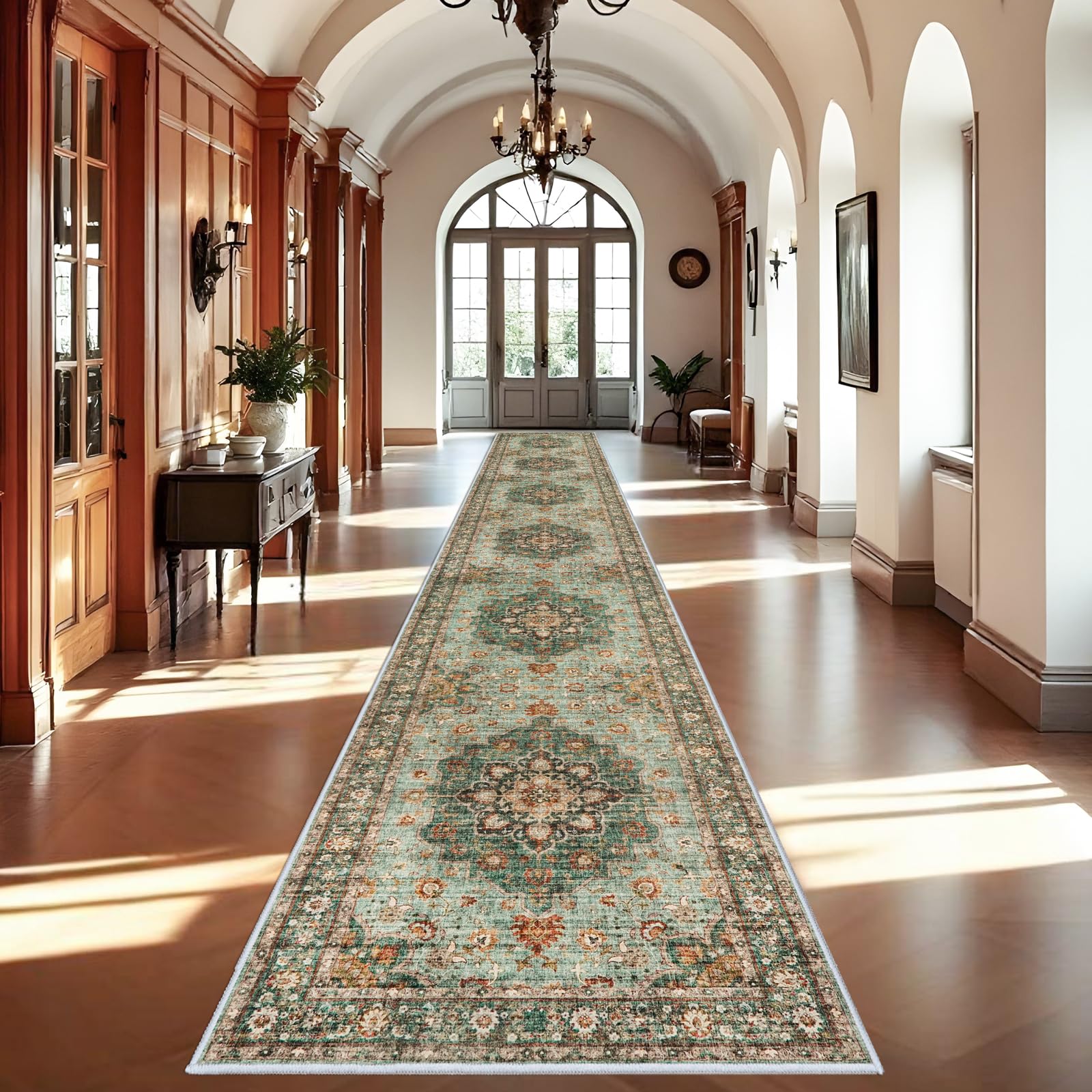 Photo 1 of Washable Oriental Hallway Runner Rug - 3x20 Rugs for Living Room Soft Carpet for Bedroom Kitchen Waterproof Floral Distressed Indoor Stain Resistant Non-Shedding Floor Carpets (Green, 3X20)