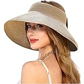Womens Beach Straw Sun Hats Ponytail Hole Wide Brim Summer Visor Foldable Hat Sun Protection Packable for Travel Pool