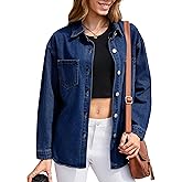 LADYFUL Women's Oversized Denim Shirt Shacket Long Sleeve Button down Casual Jean Jacket Coat