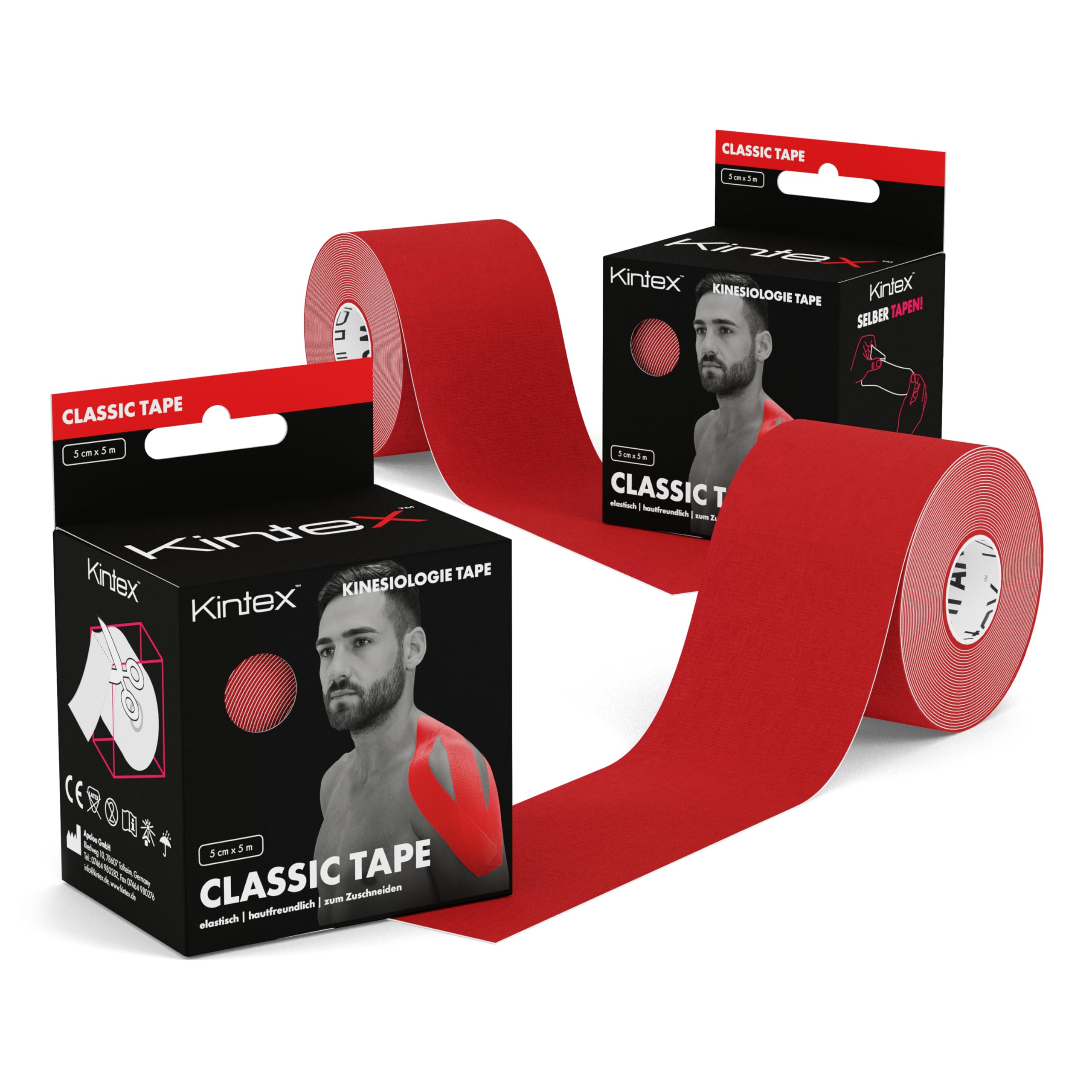 Kintex Kinesiology Tape Classic, 5 cm x 5 m, Skin-Friendly & Waterproof Kinesiology Tape, Physio Tape, Medical Tape, Red, Pack of 2