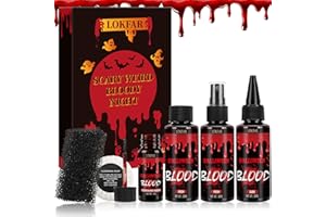 LSXIA 6PCS Halloween Fake Blood Makeup Kit - with Fake Blood Spray, Dripping Blood, Refill Bottle, Coagulated Gel, Sponge, Cleansing Soap - Realistic Washable for Clothes Face Zombie Vampire SFX Makeup