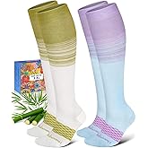 Lalapapa Bamboo Viscose Compression Socks for Women Men 2 Pairs 15-20mmHg Knee High Compression Socks Travel Nurse