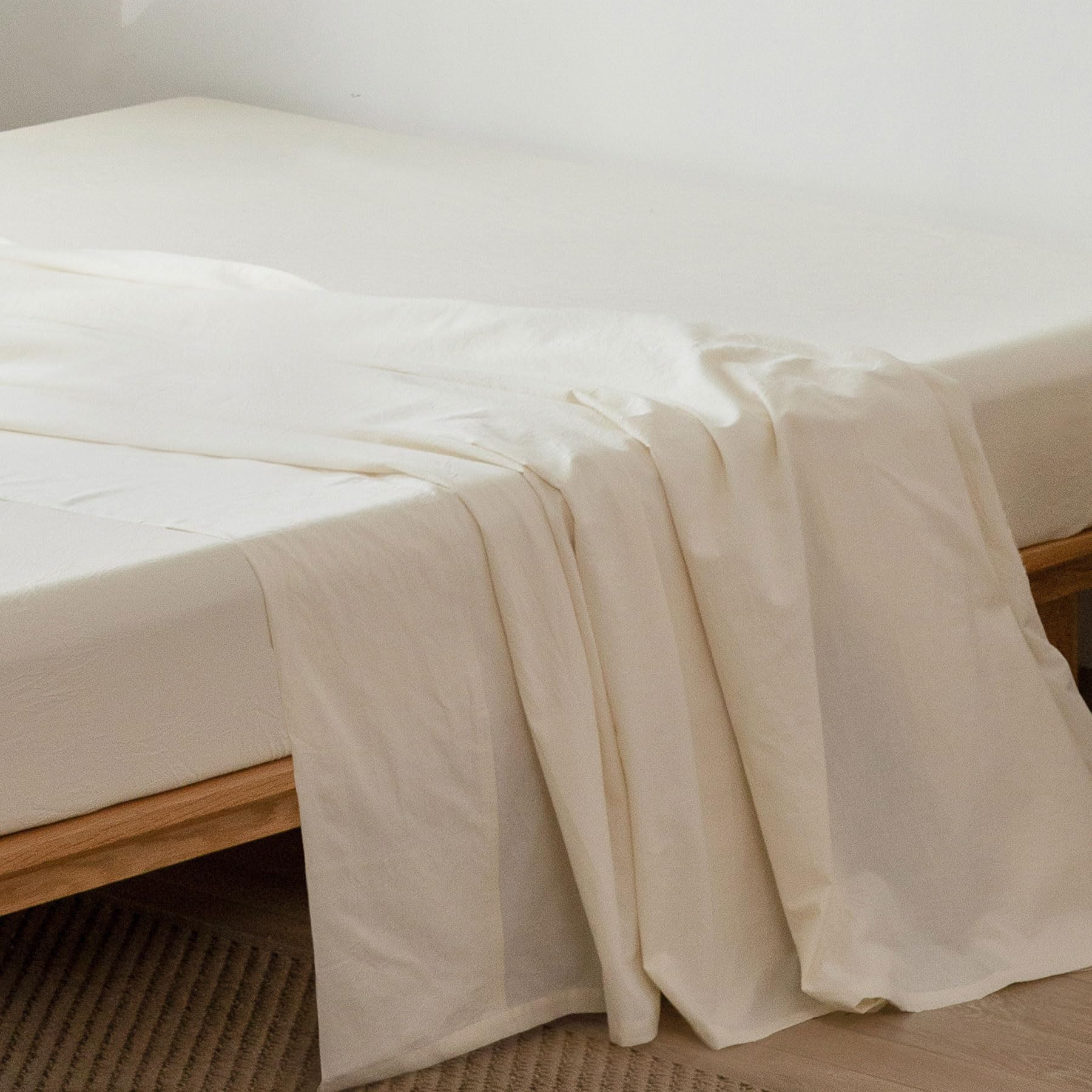 Photo 1 of MooMee Flat Top Sheet Only 100% Washed Cotton Linen Like Textured Breathable Durable Soft Comfy (Cream White, Queen)