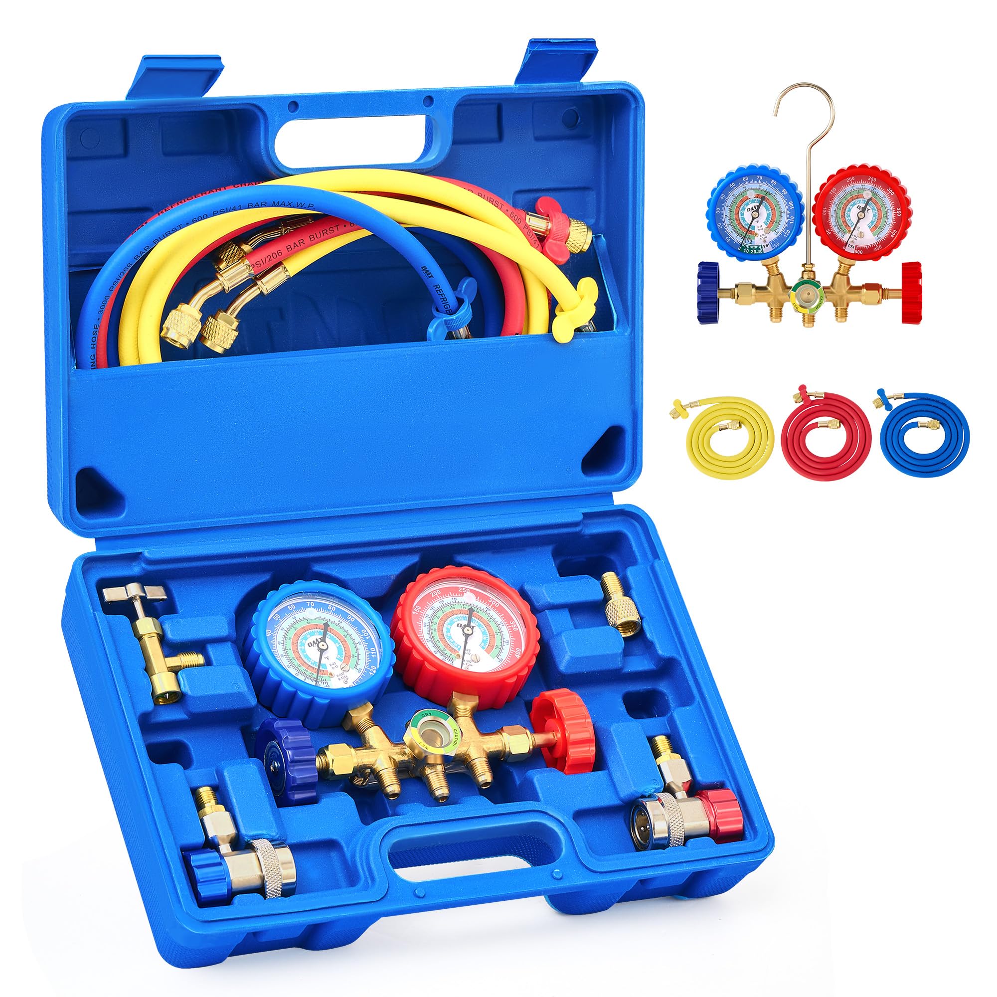 Photo 1 of Orion Motor Tech AC Gauges, AC Manifold Gauge Set for R134a R12 R22 R502, 3 Way Automotive AC Gauge Set with Antishock Gauges Hoses Couplers Adapter, Puncturing Can Tap Freon Recharge Kit
