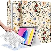 Wazzasoft for iPad 10th Generation Case with Keyboard - for iPad A16 Cases Pencil Holder 10.9 Inch Cover Women Girls Cute Girly Floral Flower Design Funda for Apple Tablet 10th/11th gen