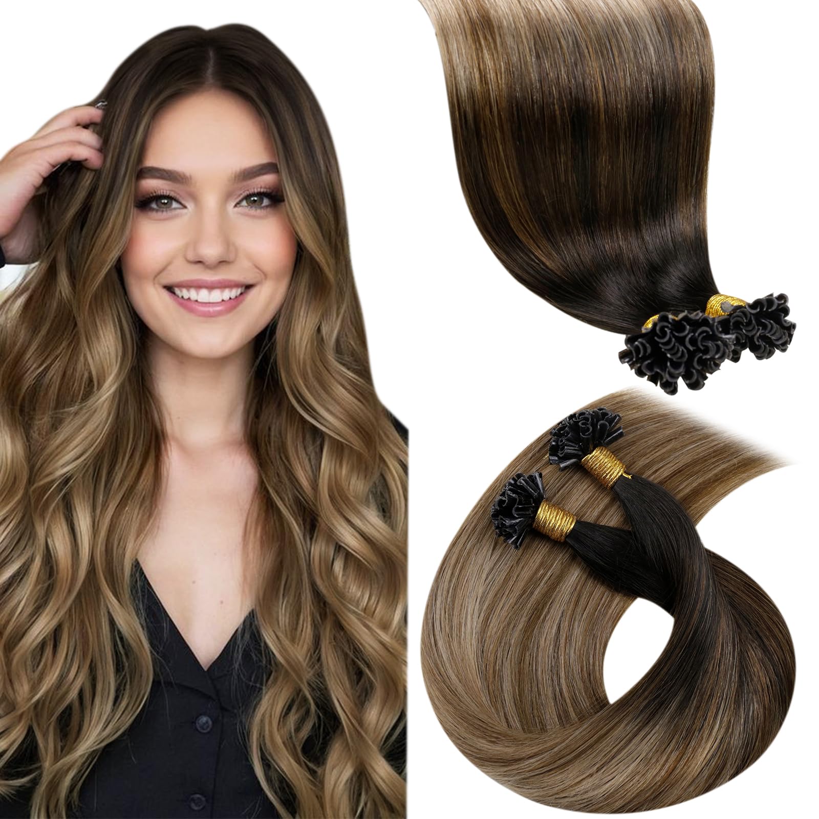 LaaVoo Human Hair Extensions U Tip Real Brown, Remy Straight Balayage Darkest Brown to Brwon and Dark Blonde Real Hair Extensions, Hot Fusion for Invisible & Stable 50s 50g 16 Inch #2/6/18