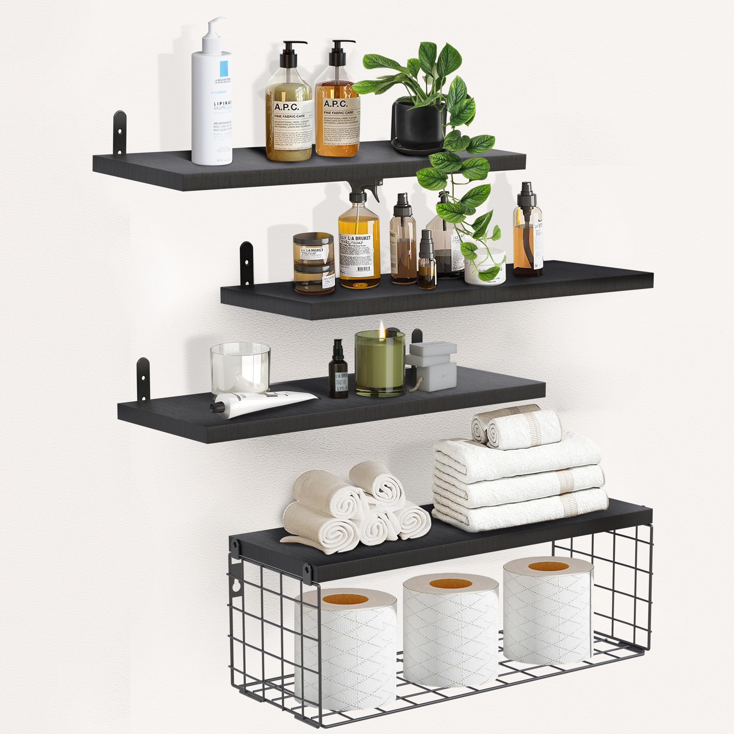 piorlado Wall Shelf Wood 04 (Set of 4) with Metal Storage Basket Black Floating Shelf Modern Decorative Shelf Wall for Bathroom, Bedroom, Living Room, Kitchen, Home Office, Laundry Room