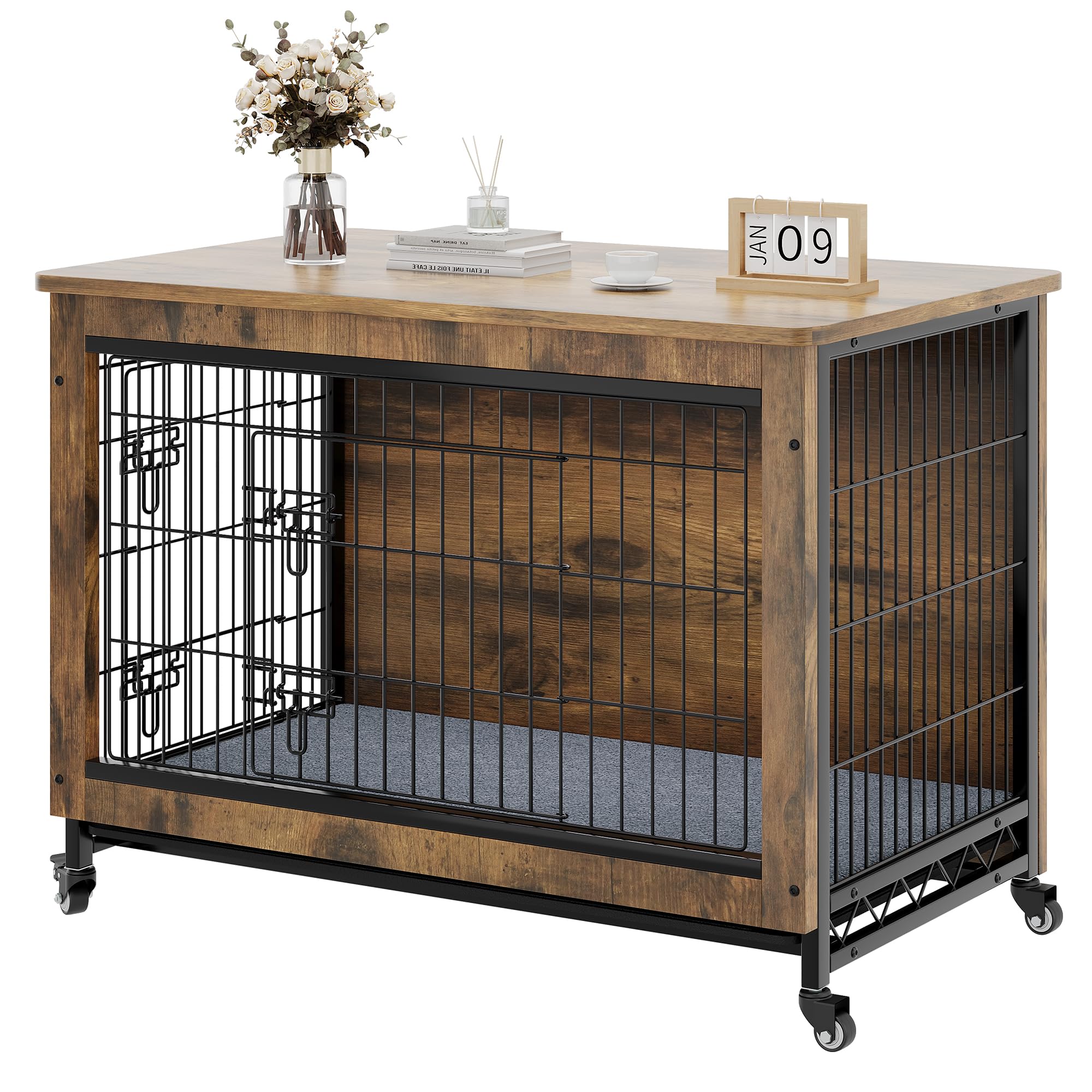 View of YITAHOME Dog Kennel Furniture with Wheels, Wooden Dog Crate Furniture ...