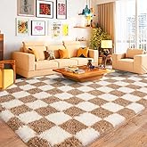 Pionblank 8x10 Area Rugs for Living Room, Fluffy Plush Checkered Rug for Bedroom, Shag Non Slip Soft Furry Large Carpet for Kids Room Nursery Home Decor, Beige and Cream White