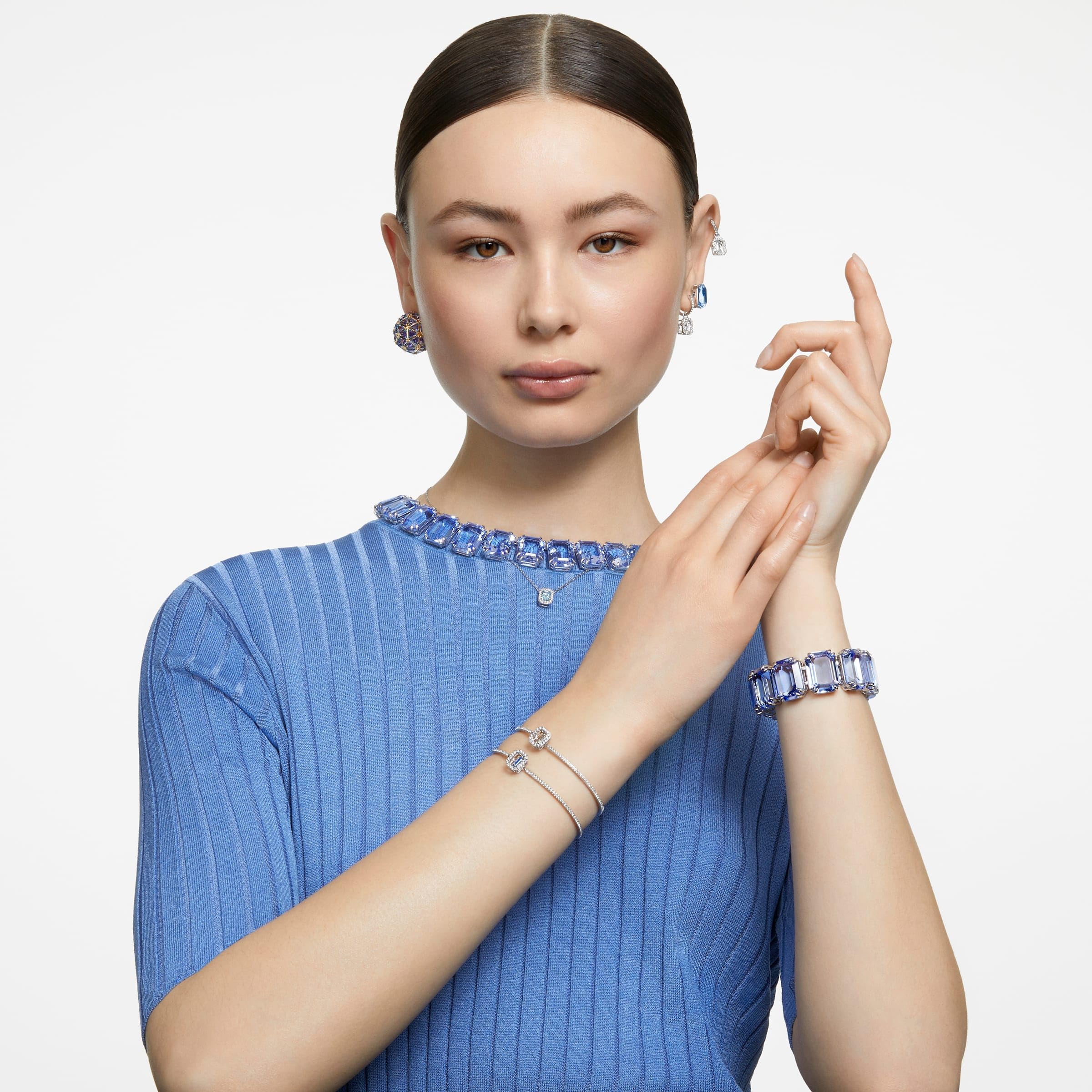 Swarovski Una Bangle, Octagon Cut Stone, Blue, Rhodium Finish