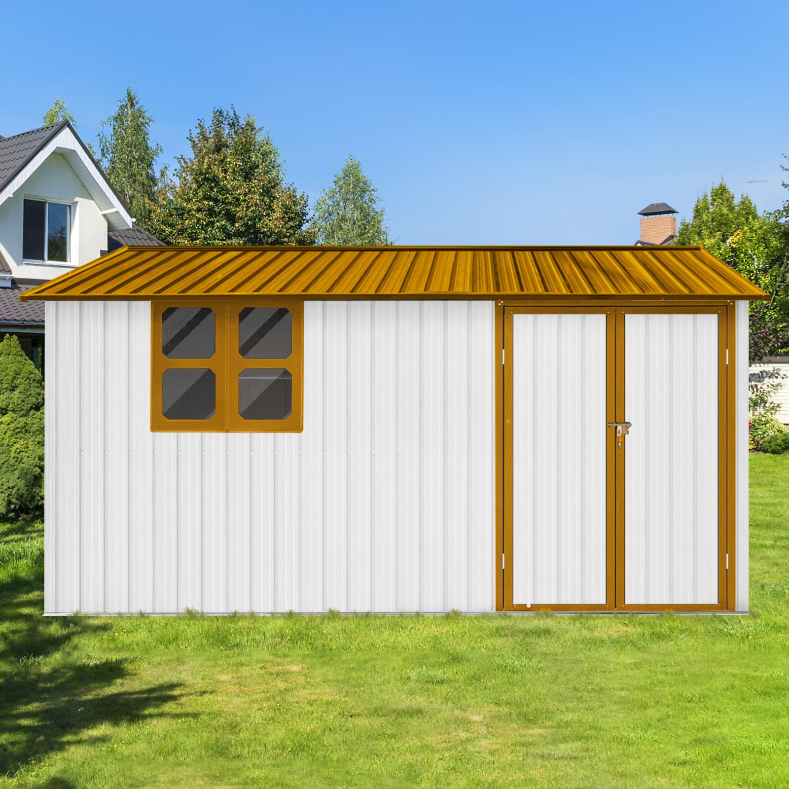 Photo 1 of Jintop 10x12 FT Metal Aluminum Outdoor Storage Shed,Waterproof Tool Sheds with Window,Heavy-Duty Sheds Unit w/Door and Vents,for Storing Bicycles,Lawnmowers,Barbeques,White+Yellow