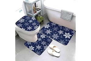 Jbofyee Winter Snowflakes Blue 3 Piece Bathroom Rugs Set, Bath Mat + Contour Mat + Toilet Seat Cover, Non-Slip Soft Microfiber Christmas Bathmat for Tub Shower Room Decor, Machine Washable