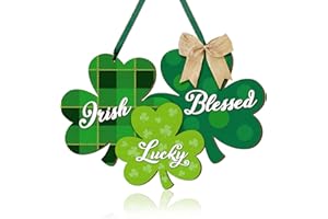SIONOIUR St. Patrick's Day Shamrocks Door Sign Decor, Lucky Irish Blessed Wooden Hanging Sign Ornament Wood Wreath with Rope and Bow for Happy St. Patrick's Day Party Front Door Wall Home Decorations