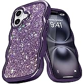 Micoden for iPhone 16 Case, Cute Bling Glitter Sparkly for Women Girls Slim Protective Durable Curly Wave Edge Luxury Plating Shockproof Slim Camera Protection Phone Case for iPhone 16, Purple