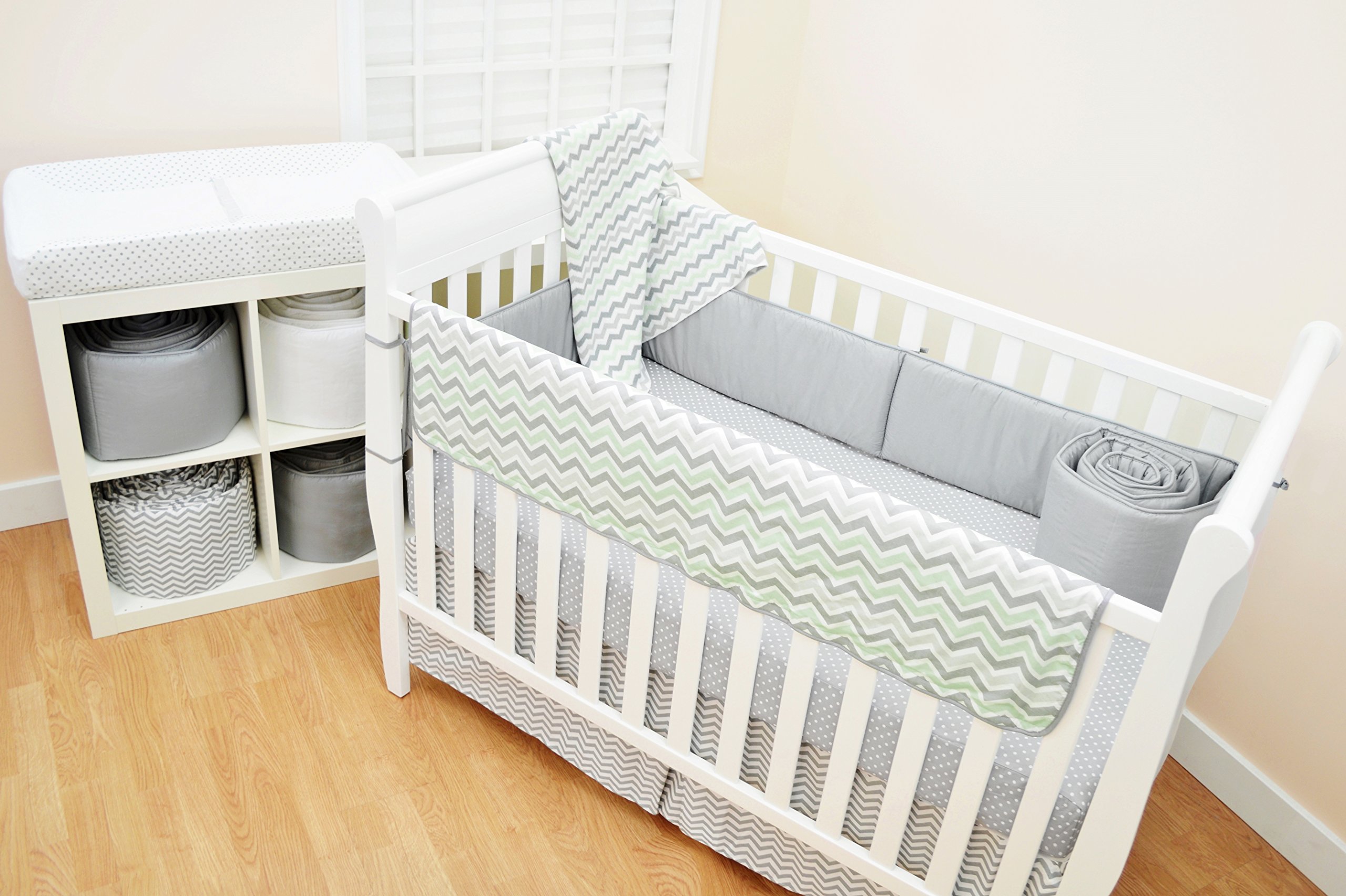 100% Cotton Tailored Crib Skirt with Pleat, Gray Zigzag, for Boys and Girls