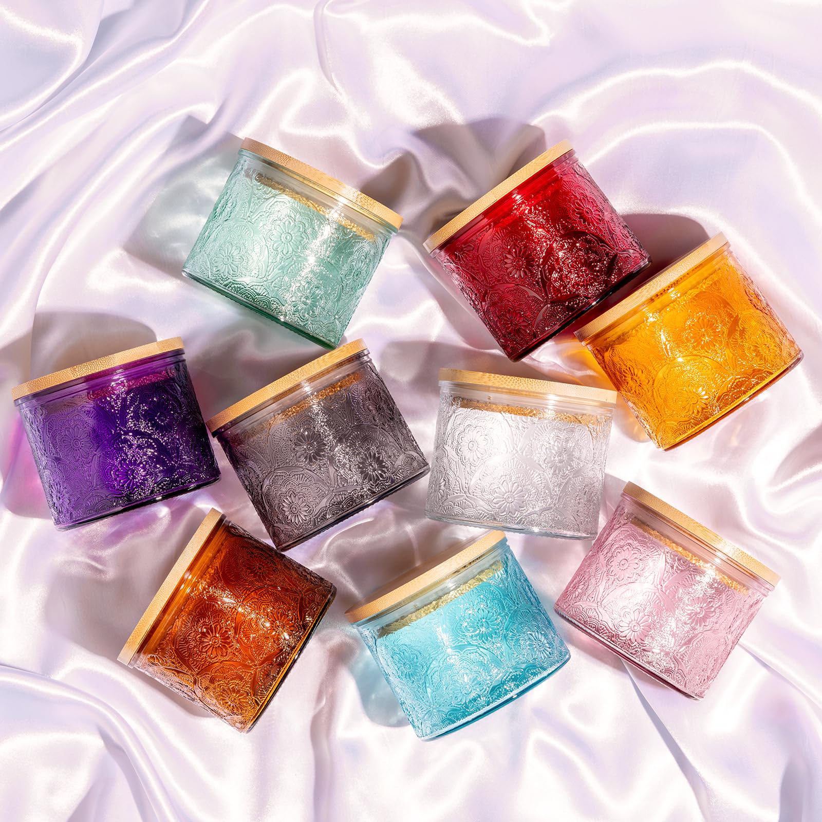 Photo 1 of 10 oz Embossed Glass Candle Container with Tin Lids and Labels, Candle Jars for Making Candles,Mandala Design - Pack of 9 (Multicolor)