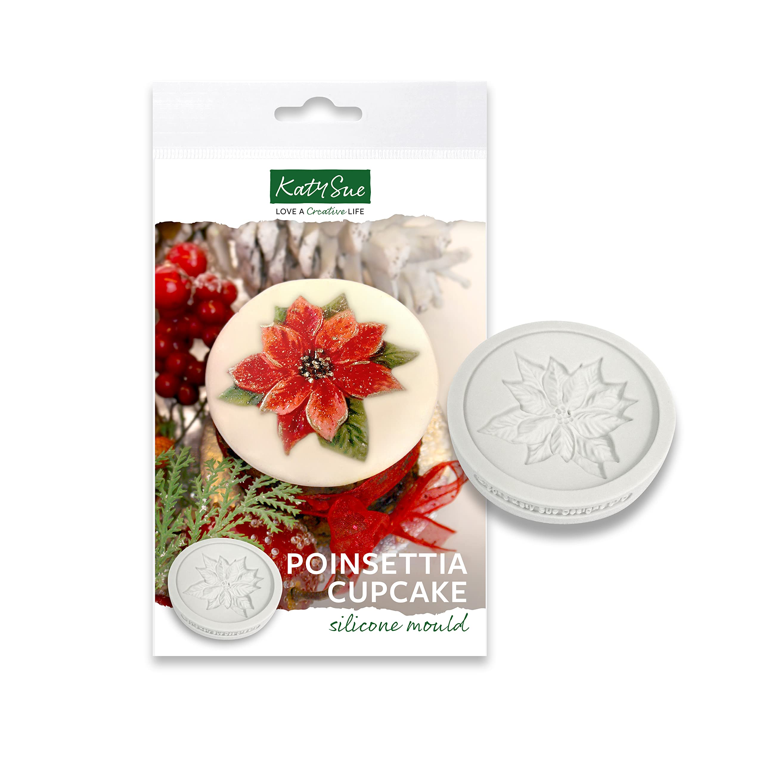 Katy Sue Poinsettia Silicone Cupcake Topper Mould for Christmas Cake Decorating & Craft. Use with Fondant, Sugar Paste & Clay. Poinsettia is 60 Millimetres Diameter from Katy Sue Christmas Moulds
