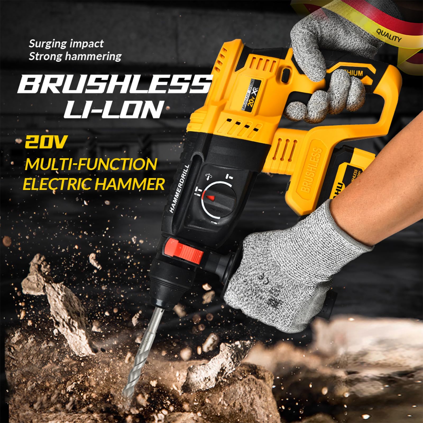 Cordless Rotary Hammer Drill for Dewalt 20V MAX Battery, Brushless SDS Rotary Hammer with Safety Clutch for Concrete/Masonry, 4 Modes with 360°Auxiliary Handle and 4 Drill Bits (Battery not included)