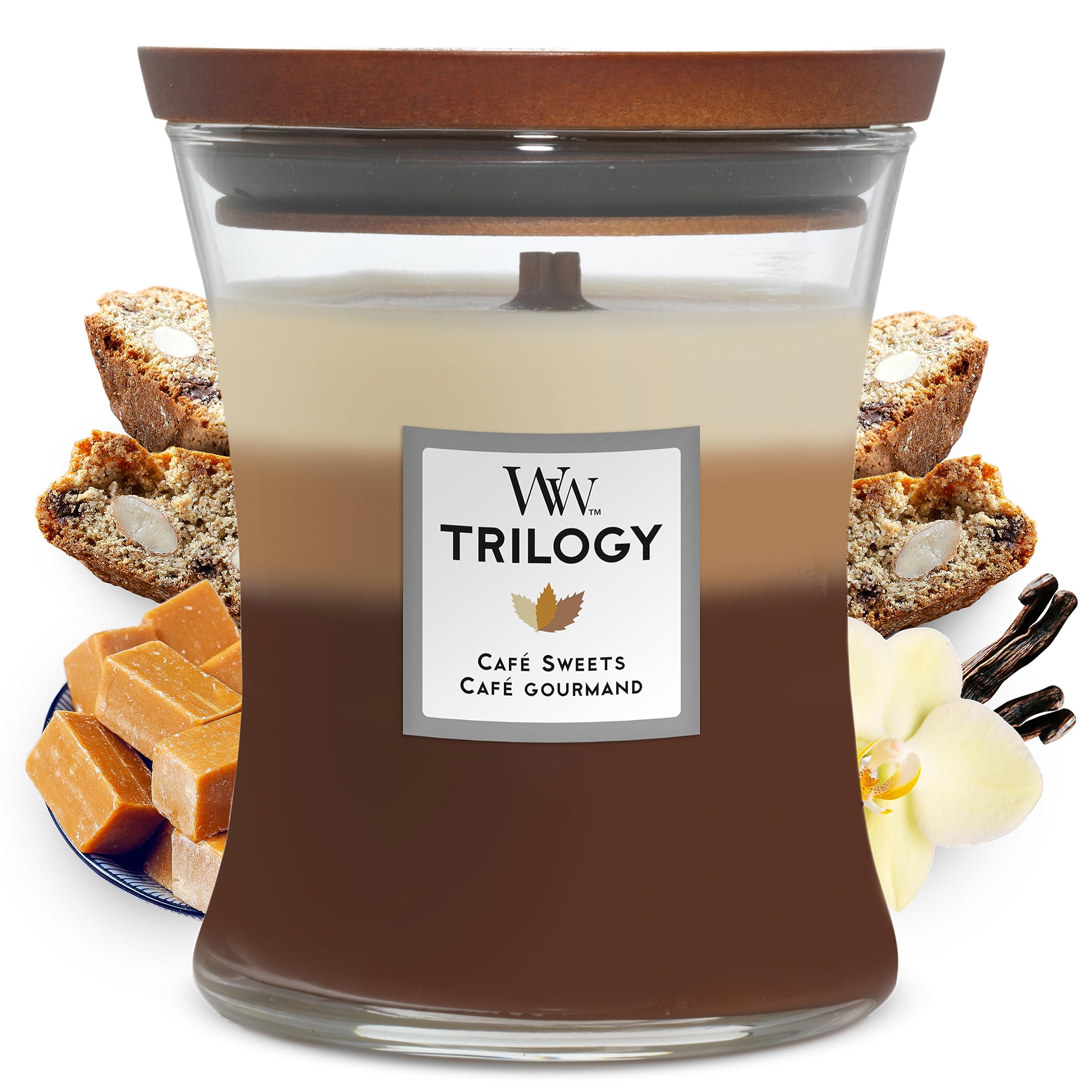 Woodwick Medium Hourglass Trilogy Scented Candle | Café Sweets | with Crackling Wick | Burn Time: Up to 60 Hours