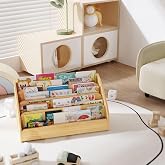 Lkeiyay Kids Bookshelf - Montessori Shelf for Toddlers, Natural | 4-Tier Wooden Book Display Storage, Open Front Design for Classroom &amp; Bedroom
