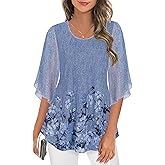 Ninedaily Women's Tops 3/4 Sleeve Blouses Dressy Casual Double Layers Mesh Tunic Shirts