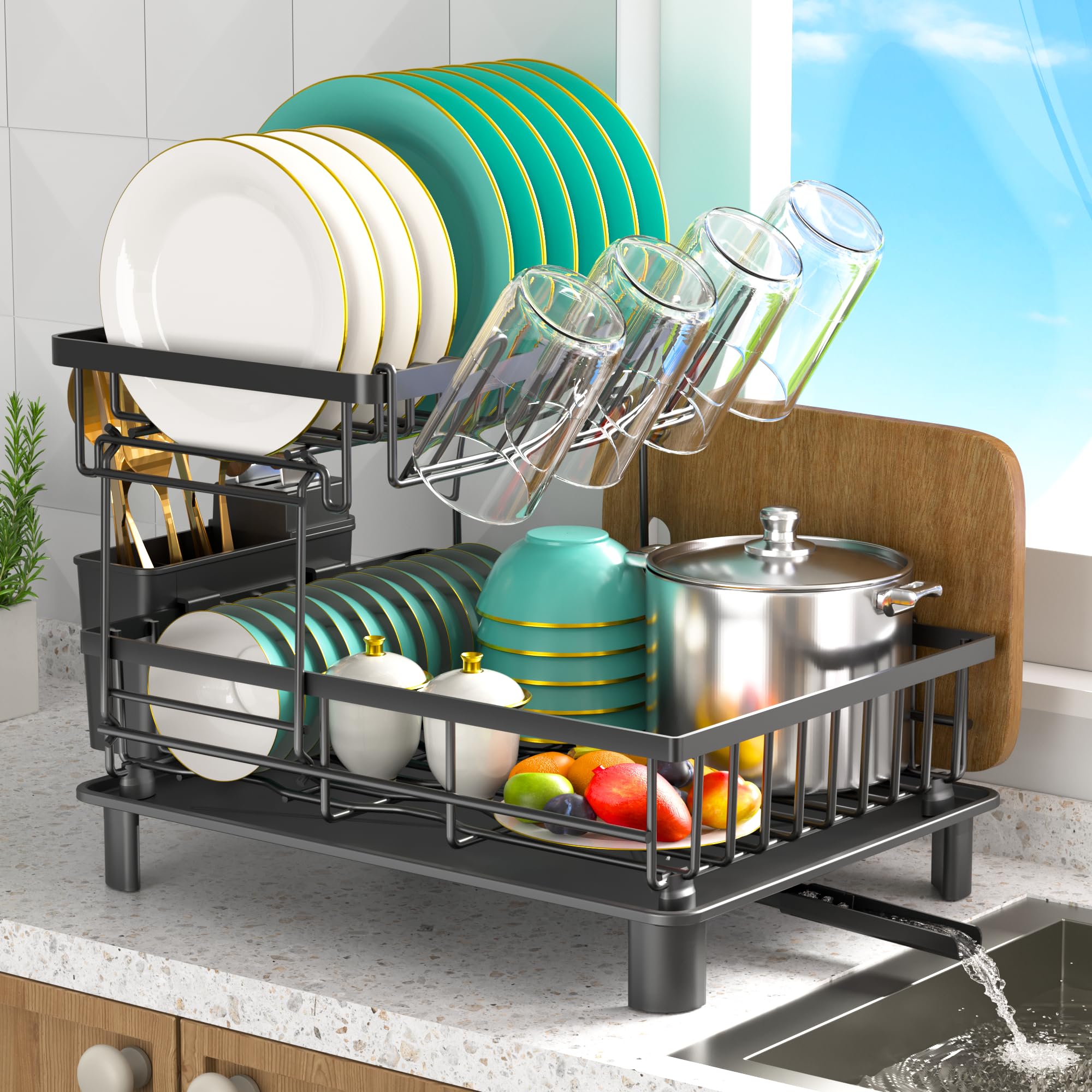 Photo 1 of IMXSUMDA Dish Drying Rack, 2 Tier Dish Racks for Kitchen Counter, Detachable Drying Rack with Drain, Compact Dish Drainer with Drainboard,Utensil Holder,Cup Holder for Small Space, Black