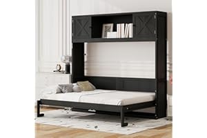 Merax Queen Size Murphy Bed with Storage Cabinets, Rustic Solid Wood Wall Bed with 3 Cabinet Shelves, Space Saving Foldable B