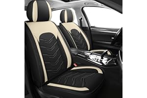 AOOG Leather Car Seat Covers 5 PCS Full Set, Breathable Faux Leatherette Automotive Seat Covers, Non-Slip Interior Covers Waterproof for Most Sedans SUV Trucks,Airbag Compatible,Beige&Black