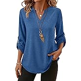 XIEERDUO 3/4 Length Sleeve Womens Tops V Neck T Shirts Both Side Buttons Blouses Business Casual Outfits Loose Fit
