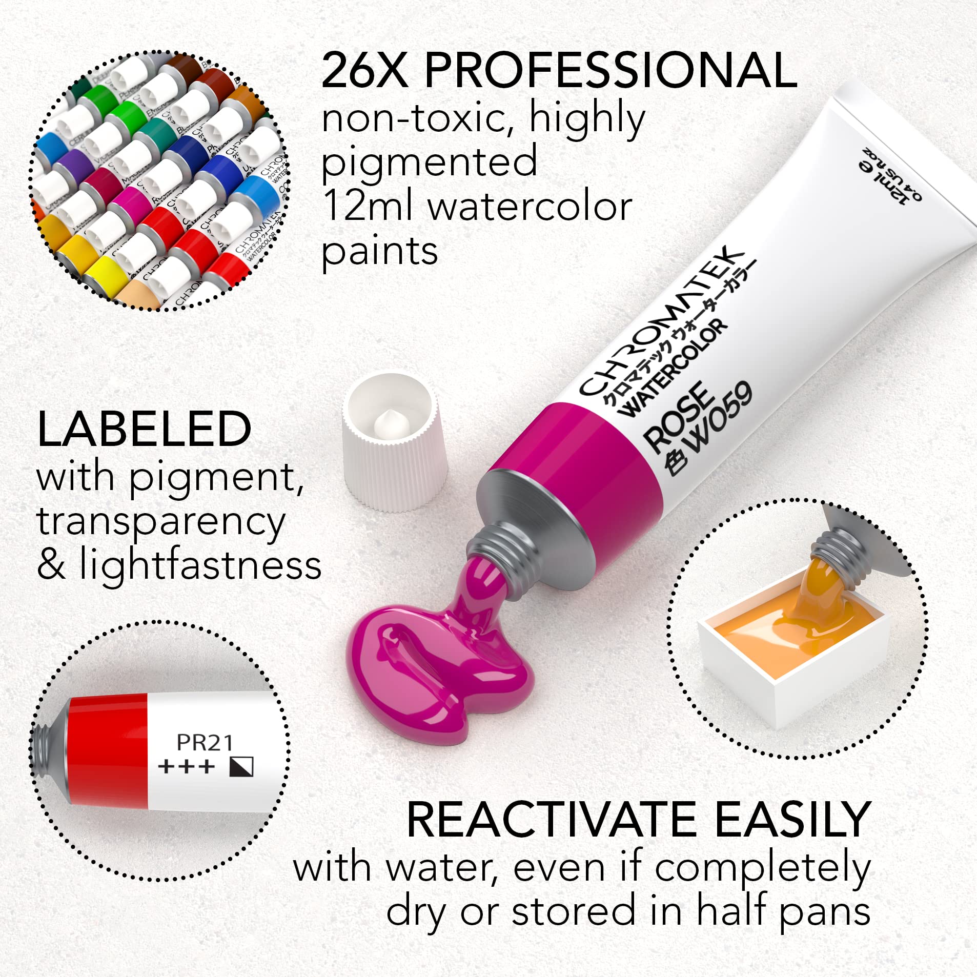 CHROMATEK Watercolor Paint Set - 62 Piece Kit - Video Tutorial Course - For Adults, Beginner & Professional Artists - 26 Tubes (12ml), Sketch Pad, 8 Painting Brushes, Aquapen, Palette, Masking Tape