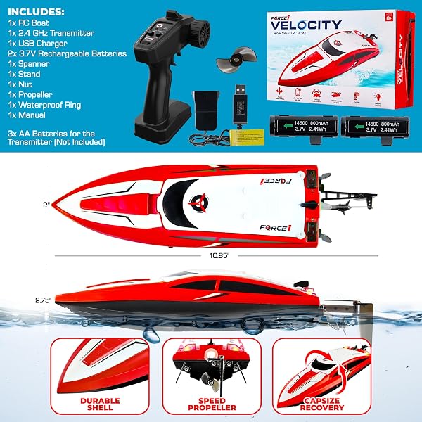 FORCE1 VELOCITY RED FAST RC BOAT- REMOTE CONTROL BOATS FOR ADULTS AND KIDS, UNDERWATER SPEED RACING MINI RC TOY FOR POOLS AND LAKES, 2.4GHZ TRANSMITTER, 2 RECHARGEABLE BATTERIES, LOW BATTERY ALERT