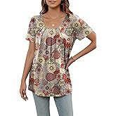 Poetsky Women's Casual Short Sleeve Tops Summer Flowy Shirts Loose Pleated Tunic Blouses